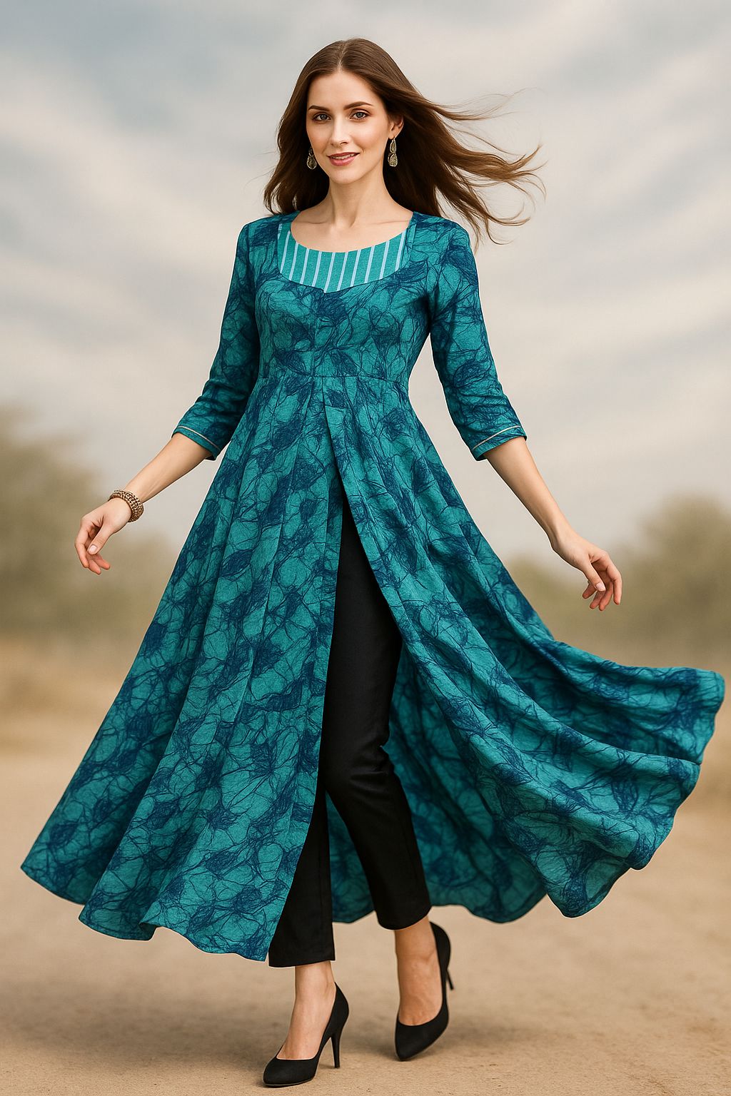 Women's Viscose A-Line Flared Kurta (Size-M) (COLOR-TURQUOISE)